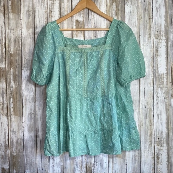 LOFT Tops - Loft Green Polka Dot Peplum Blouse